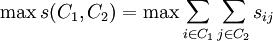 \max s(C_1, C_2)=\max\sum_{i\in C_1}\sum_{j\in C_2} s_{ij}