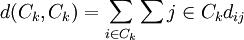 d(C_k,C_k)=\sum_{i\in C_k}\sum{j\in C_k} d_{ij}