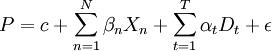 P=c+\sum^N_{n=1}\beta_n X_n+\sum^T_{t=1}\alpha_t D_t+\epsilon