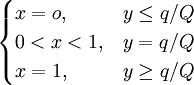 \begin{cases} x=o, & y \le q/Q \\ 0<x<1, & y=q/Q \\ x=1, & y \ge q/Q \end{cases}